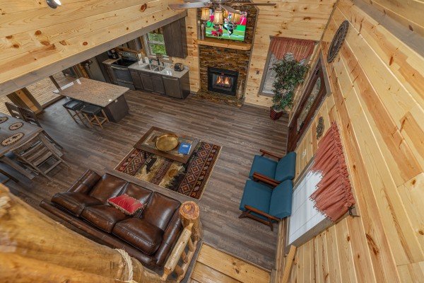 Looking down at the living room at Alpine Adventure, a 4 bedroom cabin rental located in Pigeon Forge
