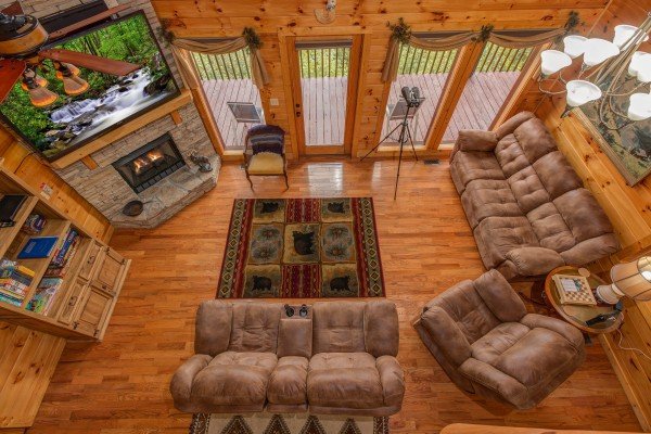 Looking down at the living room at Hummingbird's Views, a 1 bedroom cabin rental located in Pigeon Forge