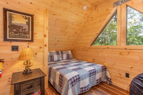 Bedroom in the loft space at Out on a Limb, a 1 bedroom cabin rental located in Gatlinburg