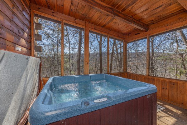 Hot tub on a screened porch at Moonlit Pines, a 2 bedroom cabin rental located in Pigeon Forge