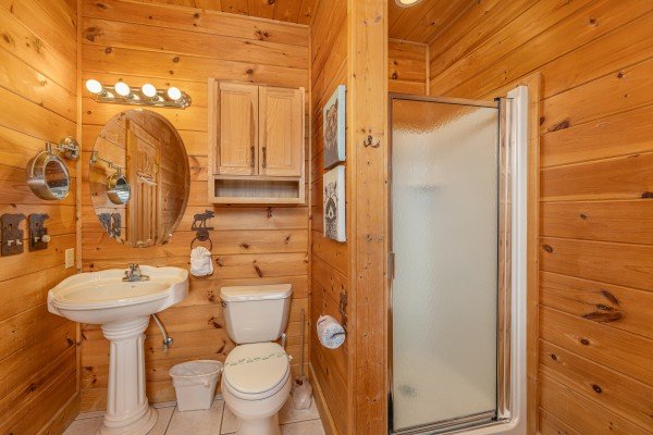 Bathroom with a shower stall at 1 Awesome View, a 3 bedroom cabin rental located in Pigeon Forge