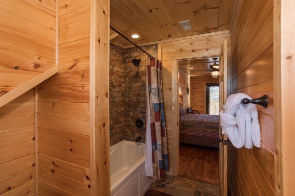 Bathroom on the second floor at Gonzo's Outpost, a 3-bedroom cabin rental located in Pigeon Forge
