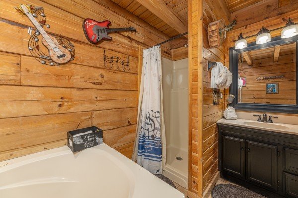 Bathroom shower at Leconte Nirvana, a 3 bedroom cabin rental located in Pigeon Forge