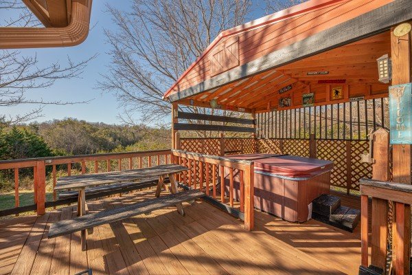 Hot tub under a roof on the deck at Leconte Nirvana, a 3 bedroom cabin rental located in Pigeon Forge