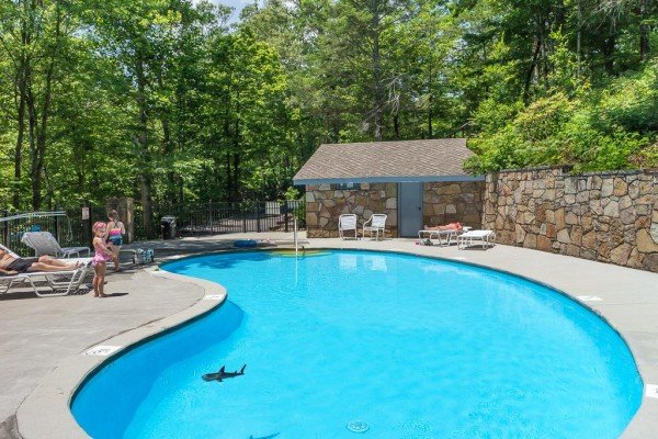 Pool at Bent Creek Golf Course is available for guests at Looky Yonder, a 2 bedroom cabin rental located in Gatlinburg