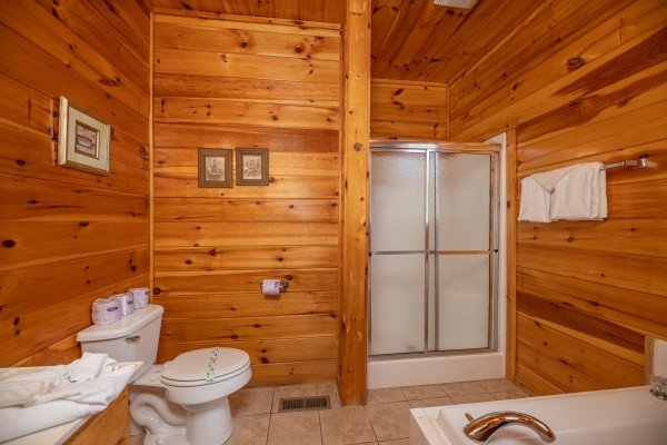 Bathroom with a shower at Hickernut Lodge, a 5-bedroom cabin rental located in Pigeon Forge