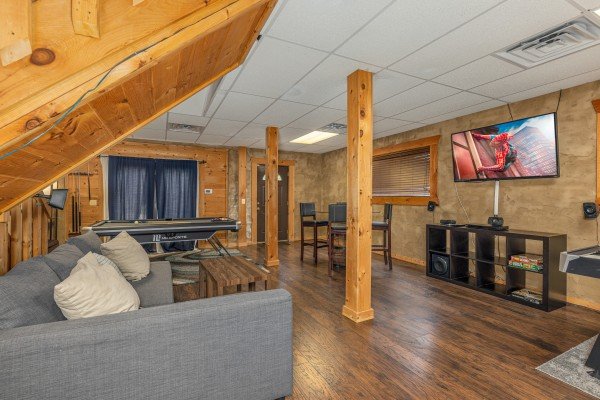 Lower level TV at Smokies Serenity, a 2 bedroom cabin rental located in Douglas Lake