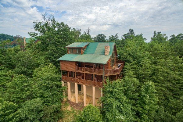 Drone exterior view of the decks and exterior at Horse'n Around, a 3 bedroom cabin rental located in Pigeon Forge