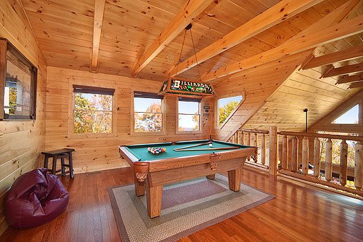 Lofted game room pool table at Horse'n Around, a 3 bedroom cabin rental located in Pigeon Forge