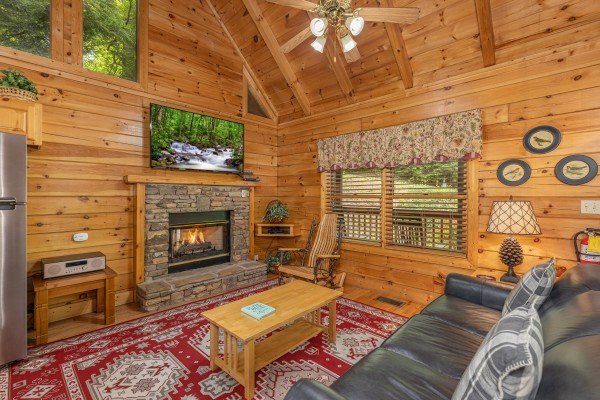 Fireplace and TV in a living room at Location Location Location, a 1 bedroom cabin rental located in Pigeon Forge