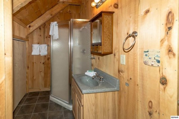 Upstairs shower at A Room With A View, a 1 bedroom cabin rental located in Pigeon Forge