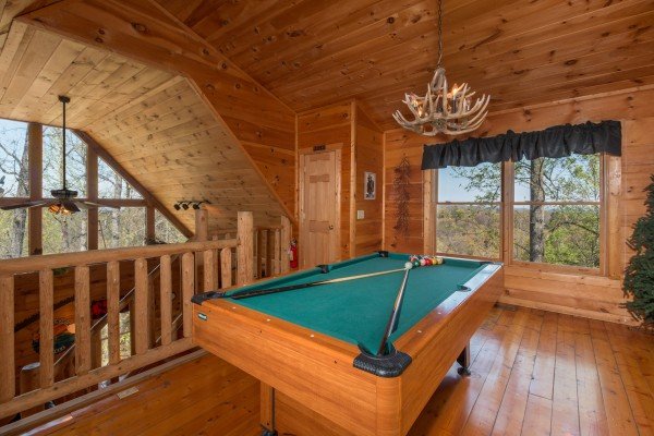 Pool table in the loft at Lumber Jack Lodge, a 1 bedroom cabin rental located in Gatlinburg
