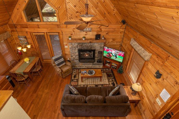 Looking down at the living room at Golden Memories, a 1 bedroom cabin rental located in Pigeon Forge