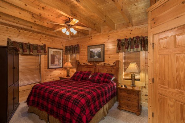 Bedroom with night stands and lamps at 5 Little Cubs, a 2 bedroom cabin rental located in Pigeon Forge