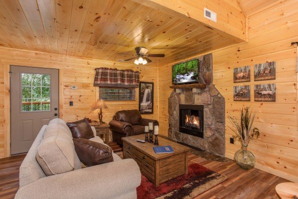 Fireplace and TV in the living space at Smoky Mountain Treehouse, a 1 bedroom cabin rental located in Gatlinburg