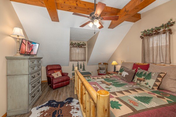 Loft bedroom amenities at Magic Moments, a 2 bedroom cabin rental located in Pigeon Forge