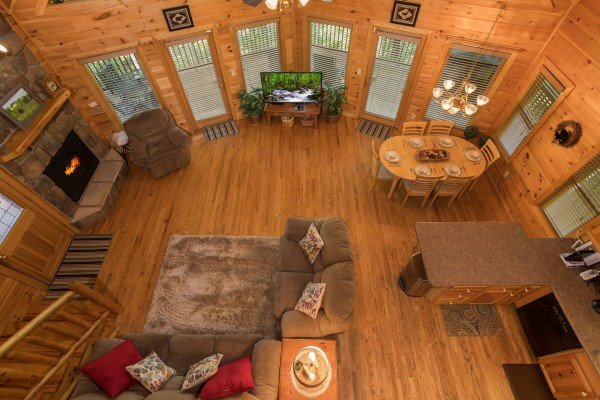 Looking down at the main floor at Friends in High Places, a 4-bedroom cabin rental located in Pigeon Forge