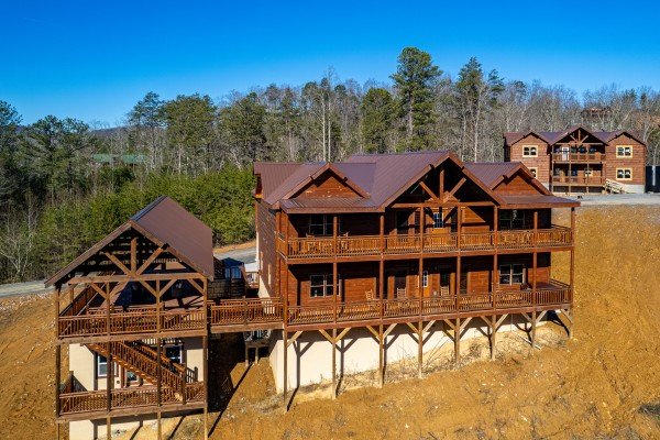 Exterior back view at Mountain Joy, an 8 bedroom cabin rental located in Pigeon Forge