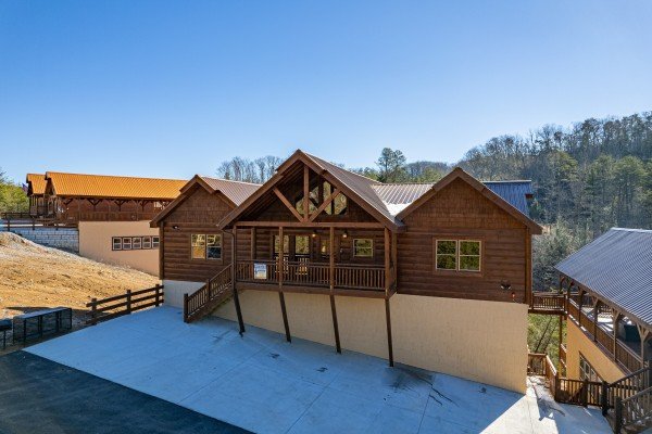 Exterior front view at Mountain Joy, an 8 bedroom cabin rental located in Pigeon Forge