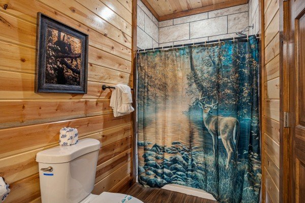 Bathroom shower and decor at Mountain Joy, an 8 bedroom cabin rental located in Pigeon Forge