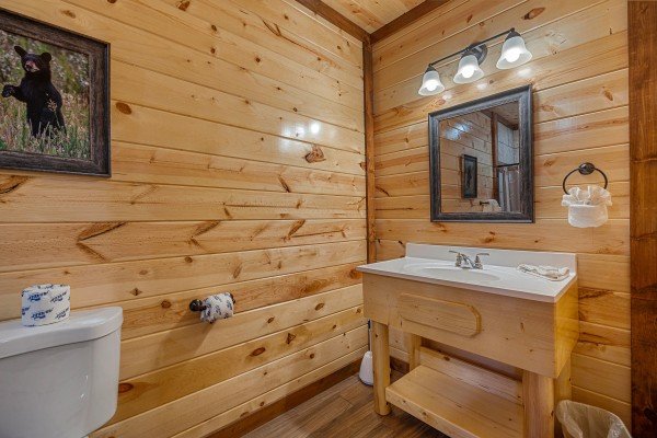 Bathroom sink and decor at Mountain Joy, an 8 bedroom cabin rental located in Pigeon Forge