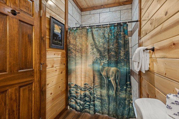 Bathroom with shower and decor at Mountain Joy, an 8 bedroom cabin rental located in Pigeon Forge