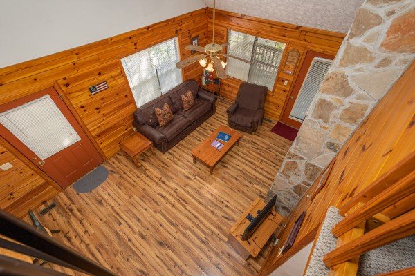 Interior drone view at Oakwood, a 1 bedroom cabin rental located in Pigeon Forge
