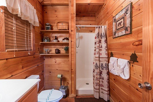 Bathroom with a shower at Bear Hug Hideaway, a 1-bedroom cabin rental located in Pigeon Forge