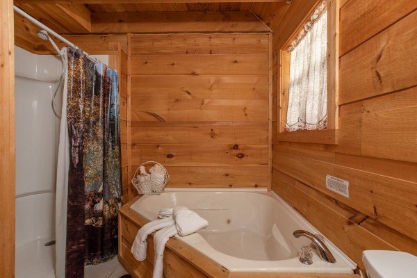 Jacuzzi tub in a bathroom with a shower at My Smoky Mountain Hideaway, a 3 bedroom cabin rental located in Pigeon Forge