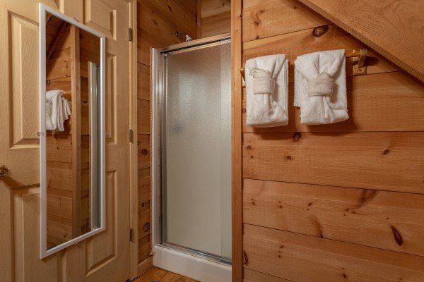 Shower in a bathroom at My Smoky Mountain Hideaway, a 3 bedroom cabin rental located in Pigeon Forge
