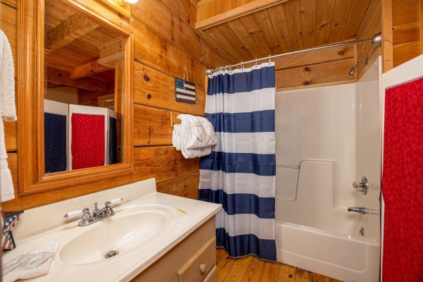 Master bathroom at old glory, a 2 bedroom cabin rental located in Pigeon Forge