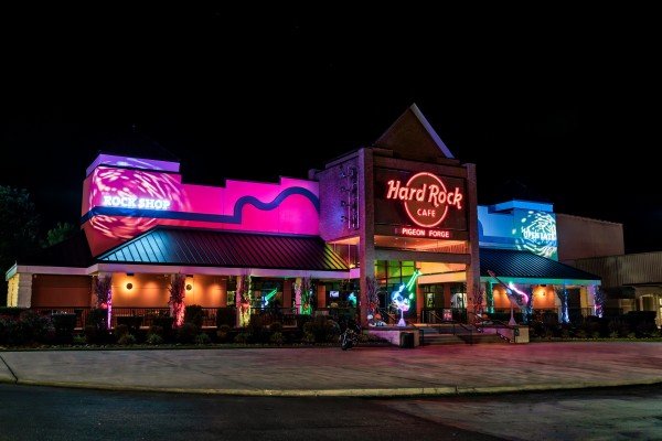Hard Rock Café at night near Happy Hideaway, a 4 bedroom cabin rental located in Pigeon Forge