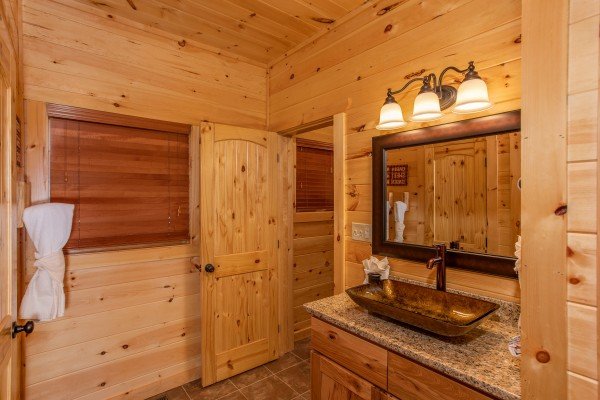 Bathroom with custom vanity at Panorama, a 2 bedroom cabin rental located in Pigeon Forge