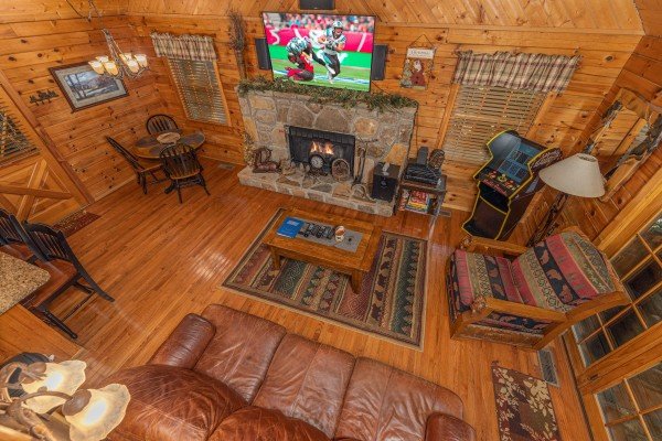 Aerial view of the living room at Whispering Pines, a 2 bedroom cabin rental located in Pigeon Forge