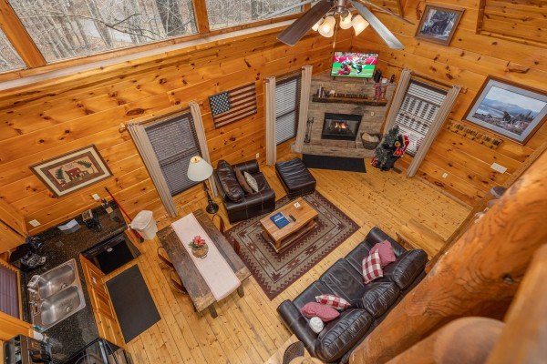 Looking down at the living room at Dragonfly, a 2 bedroom cabin rental located in Gatlinburg