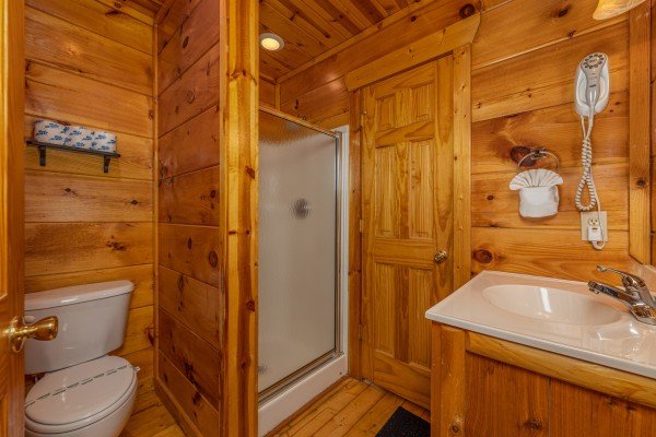 Bathroom with a shower stall at Dragonfly, a 2 bedroom cabin rental located in Gatlinburg