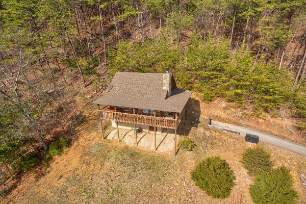Drone view of the front of A Postcard View, a 1 bedroom cabin rental located in Pigeon Forge