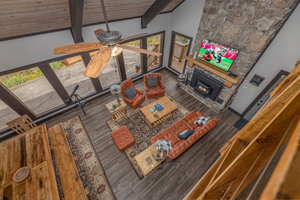 Looking down at the living room at Ober the Top Views, a 3 bedroom cabin rental located in Gatlinburg