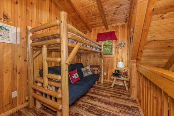 Bunk beds at Bearfoot Adventure, a 2 bedroom cabin rental located in Gatlinburg