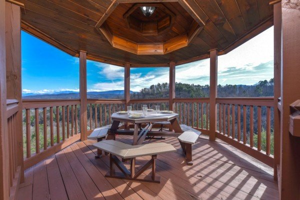 Deck dining space at Mountain Mama, a 3 bedroom cabin rental located in Pigeon Forge