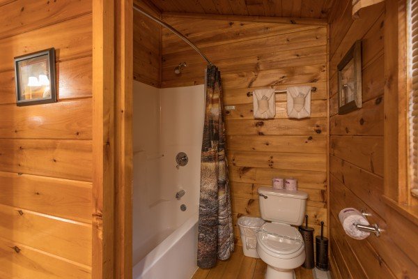 second bathroom with a tub and shower at always & forever a 1 bedroom cabin rental located in pigeon forge