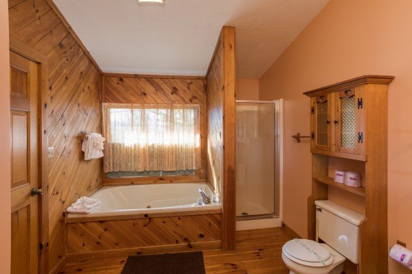 Jacuzzi and shower in a bathroom at Alone at the Top, a 3 bedroom cabin rental located in Pigeon Forge