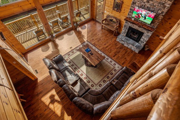 Drone view of living room at Four Seasons Grand, a 5 bedroom cabin rental located in Pigeon Forge