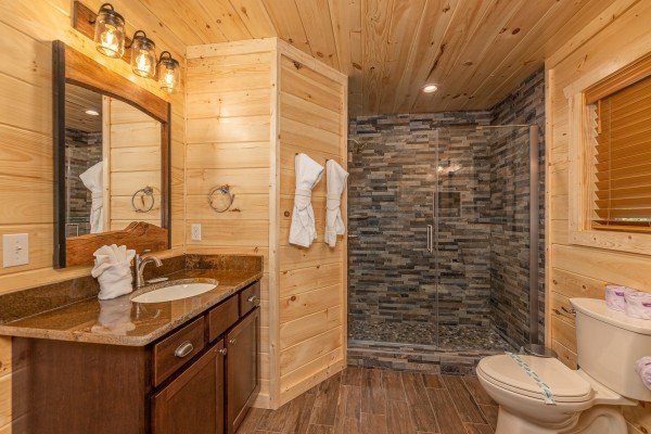 Bathroom with walk-in shower at Twin Peaks, a 5 bedroom cabin rental located in Gatlinburg