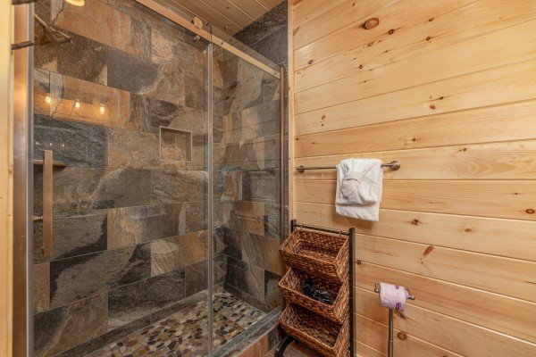 Shower in master bathroom at Twin Peaks, a 5 bedroom cabin rental located in Gatlinburg