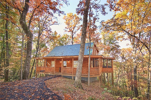 Exterior front view at Tucked Away, a 2 bedroom cabin rental located in Gatlinburg