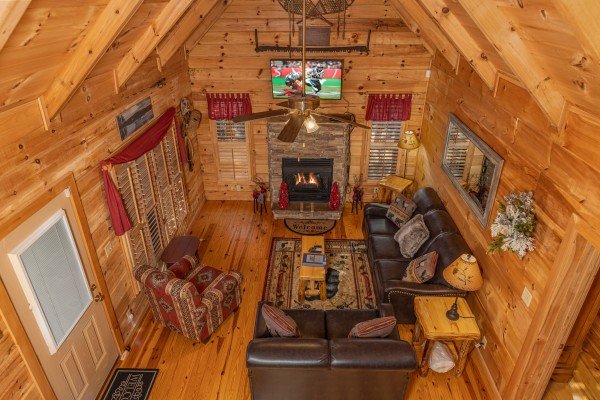 Looking down at the living room at Wilderness Adventure, a 2 bedroom cabin rental in Pigeon Forge