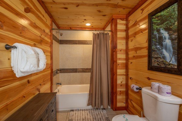 Bathroom with a tub and shower at The Pool Palace, a 5 bedroom cabin rental located in Pigeon Forge