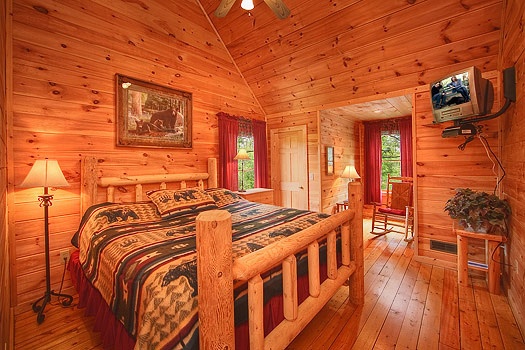 Second floor bedroom with king bed at Trapper's Trace, a 2 bedroom cabin rental located in Gatlinburg