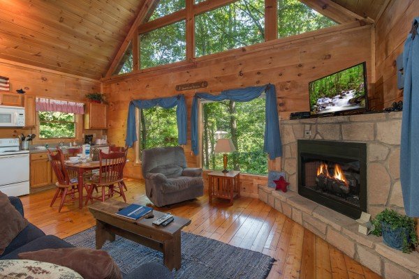 Living room with a fireplace and TV at Denim Blues, a 1-bedroom cabin rental located in Gatlinburg